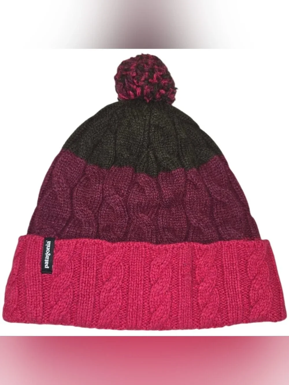 Patagonia Cable Knit Pom Pom Beanie Hat Pink Burgundy Black Fleece Lined OS